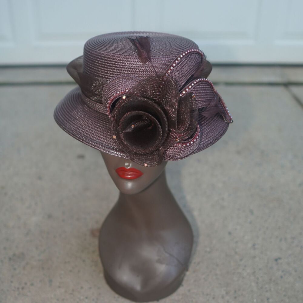 Mauve Brown Ribbon Straw Church Hat Rhinestone Rose Fascinator Vintage Style 12”